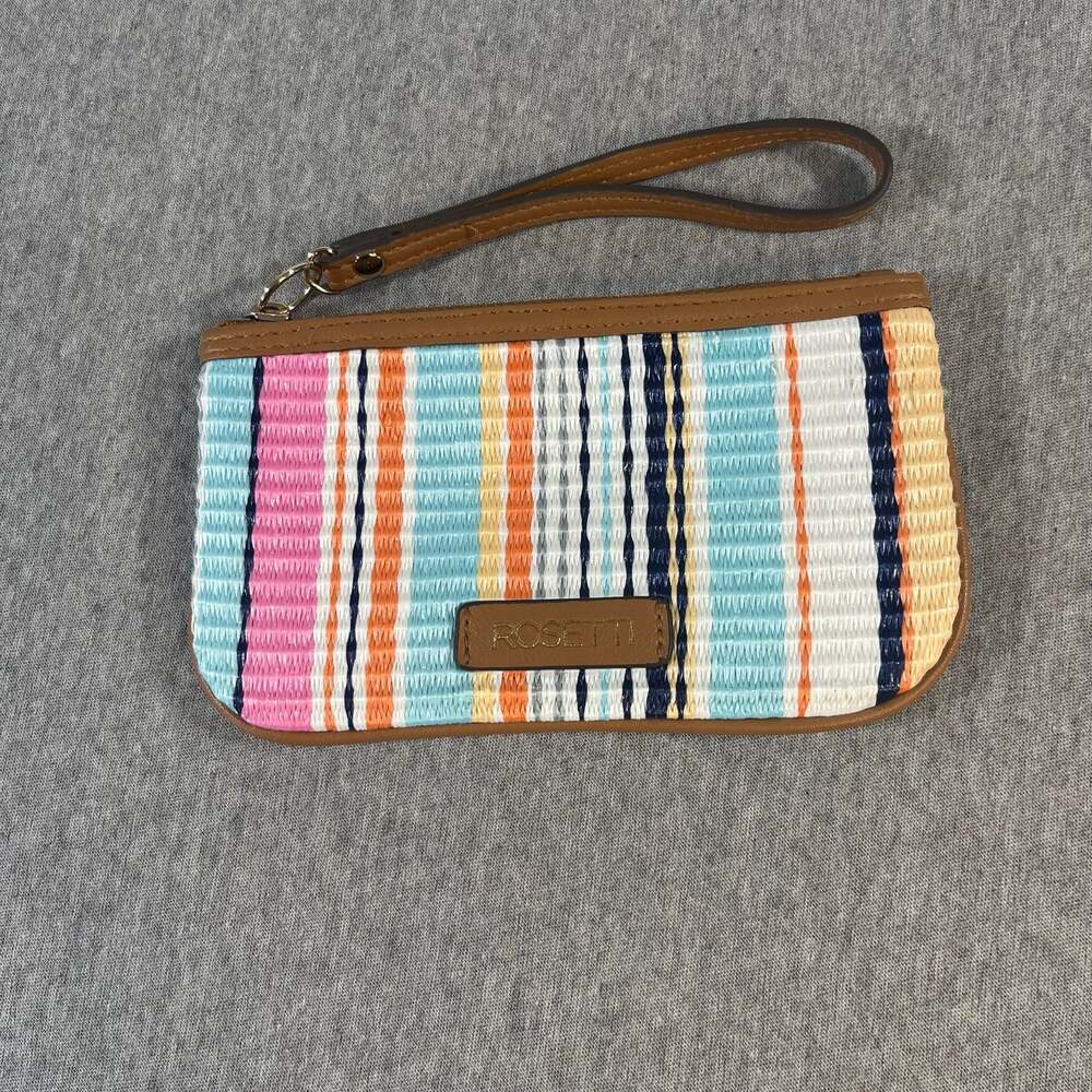 Rosetti Multicolored Striped Woven Straw Wristlet with Tan Trim